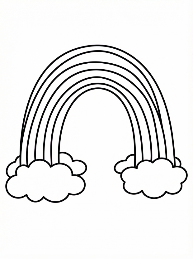 Free printable coloring page showing a classic rainbow with clouds, perfect for kids to practice color recognition and creativity
