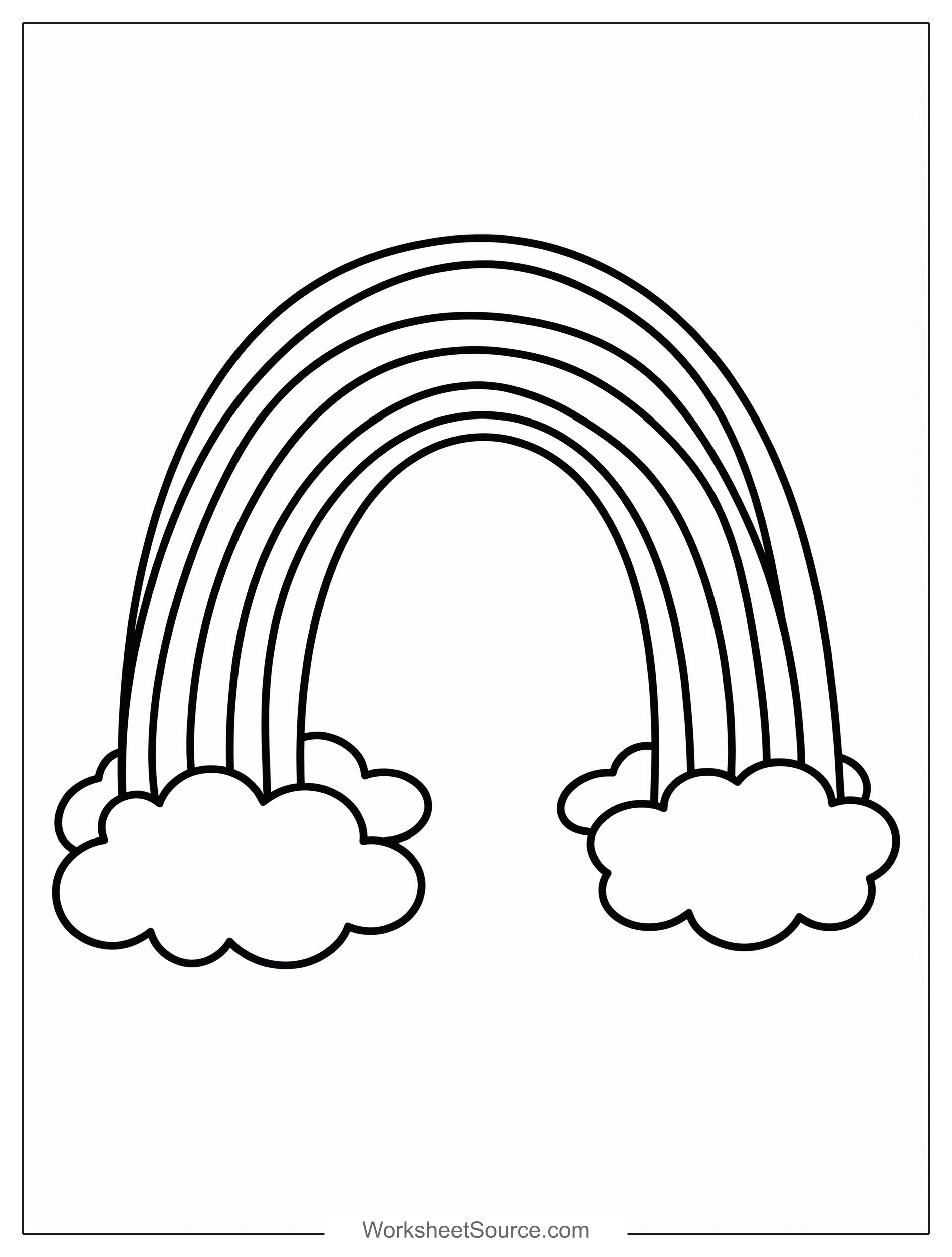 Free printable coloring page showing a classic rainbow with clouds, perfect for kids to practice color recognition and creativity