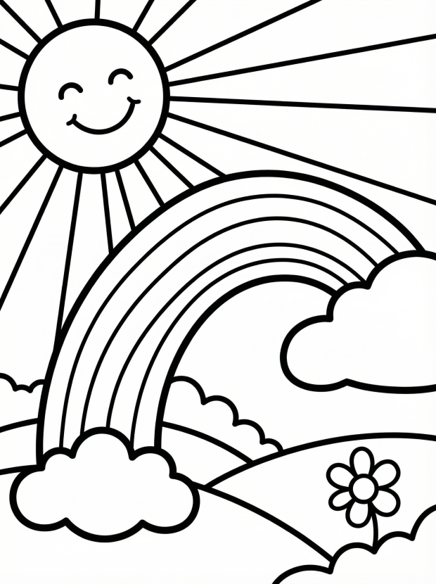 Free printable coloring page showing a smiling sun and a big rainbow over hills and clouds, perfect for kids to practice coloring and creativity