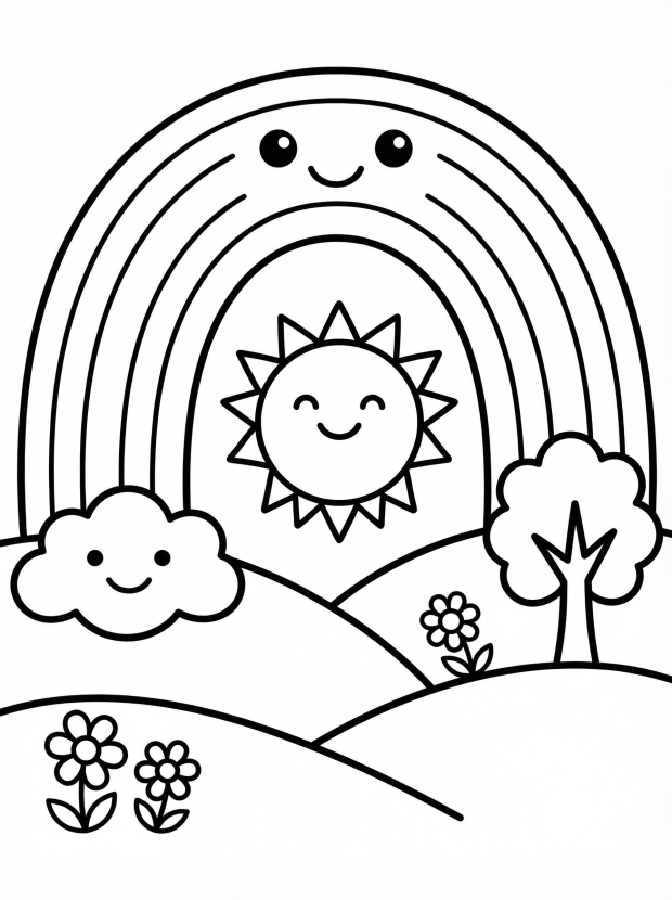 Free printable coloring page showing a happy rainbow over hills with sun clouds and flowers, perfect for kids to practice color recognition and creativity