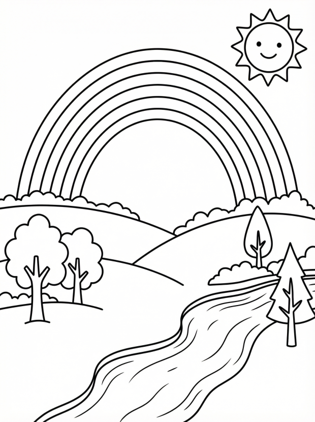 Free printable coloring page showing a rainbow over hills with a river and trees, perfect for kids to practice color recognition and creativity