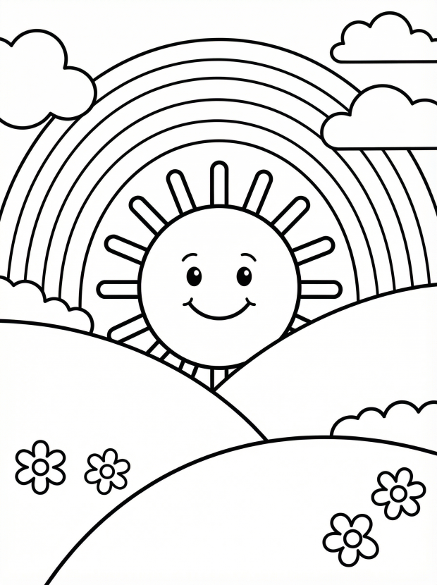 Free printable coloring page showing a smiling sun and rainbow over rolling hills, perfect for kids to practice coloring and creativity