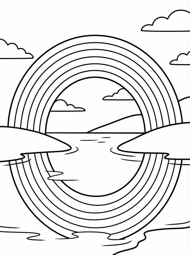 Free printable coloring page showing a rainbow reflected over a lake, perfect for kids to practice color blending and creativity.