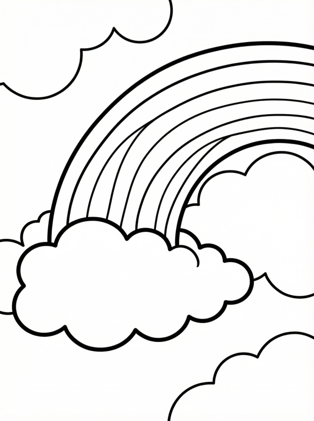 Free printable coloring page showing a rainbow arching over fluffy clouds, perfect for kids to practice color recognition and creativity