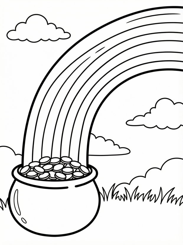 Free printable coloring page showing a rainbow arching into a pot of gold, perfect for kids to practice colors and creativity