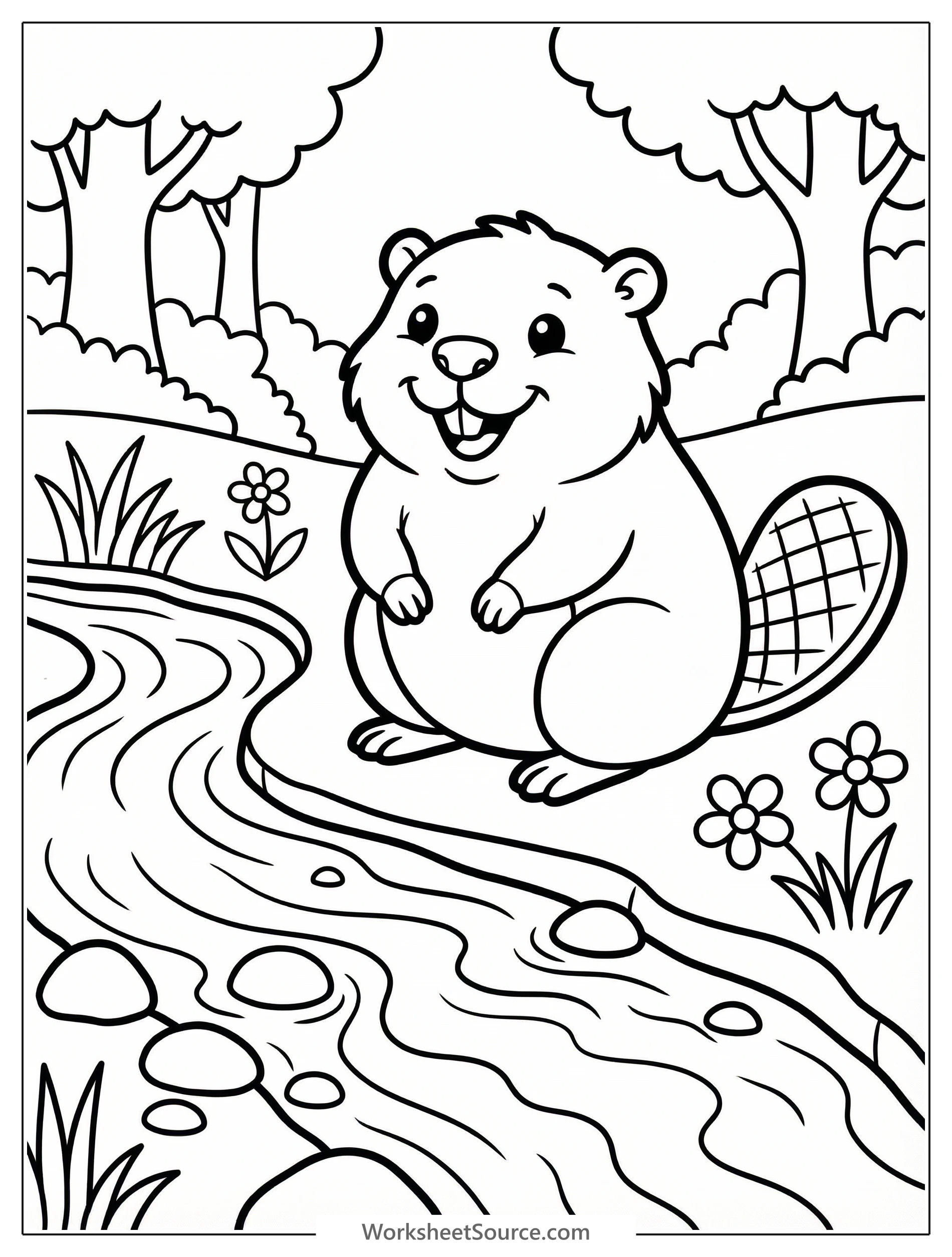 A peaceful coloring page featuring a babbling stream flowing gently through a forest, surrounded by rocks, lush foliage, and trees.
