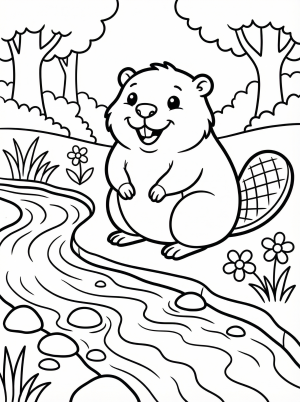 Free printable coloring page showing a beaver by a peaceful stream and trees, perfect for kids to practice coloring and creativity