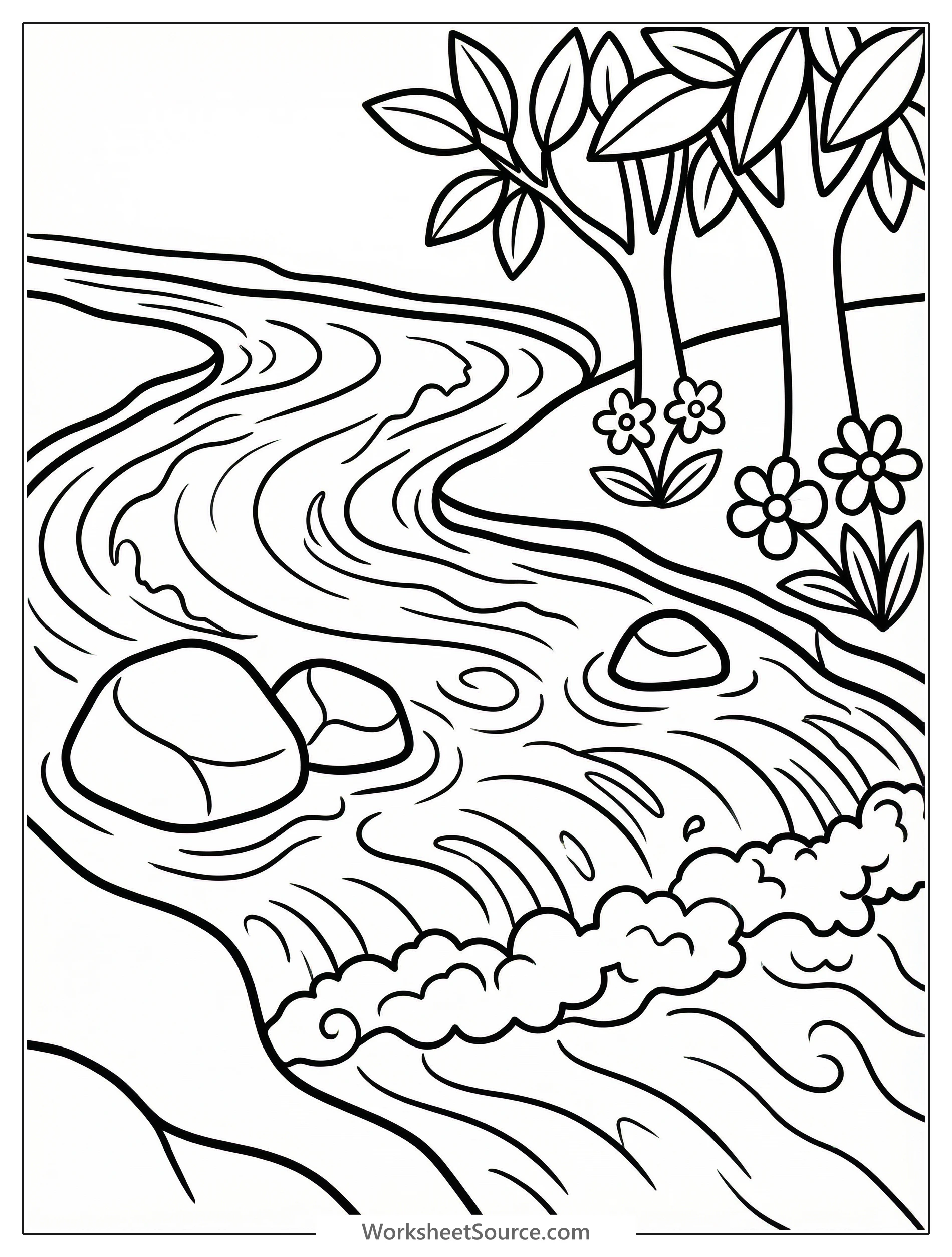 Line art drawing of a rushing river with turbulent water rapids flowing over rocks and boulders. Detailed white water splashes and currents indicate fast movement.