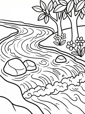 Free printable coloring page showing a winding river with rocks trees and flowers, perfect for kids to practice coloring and creativity