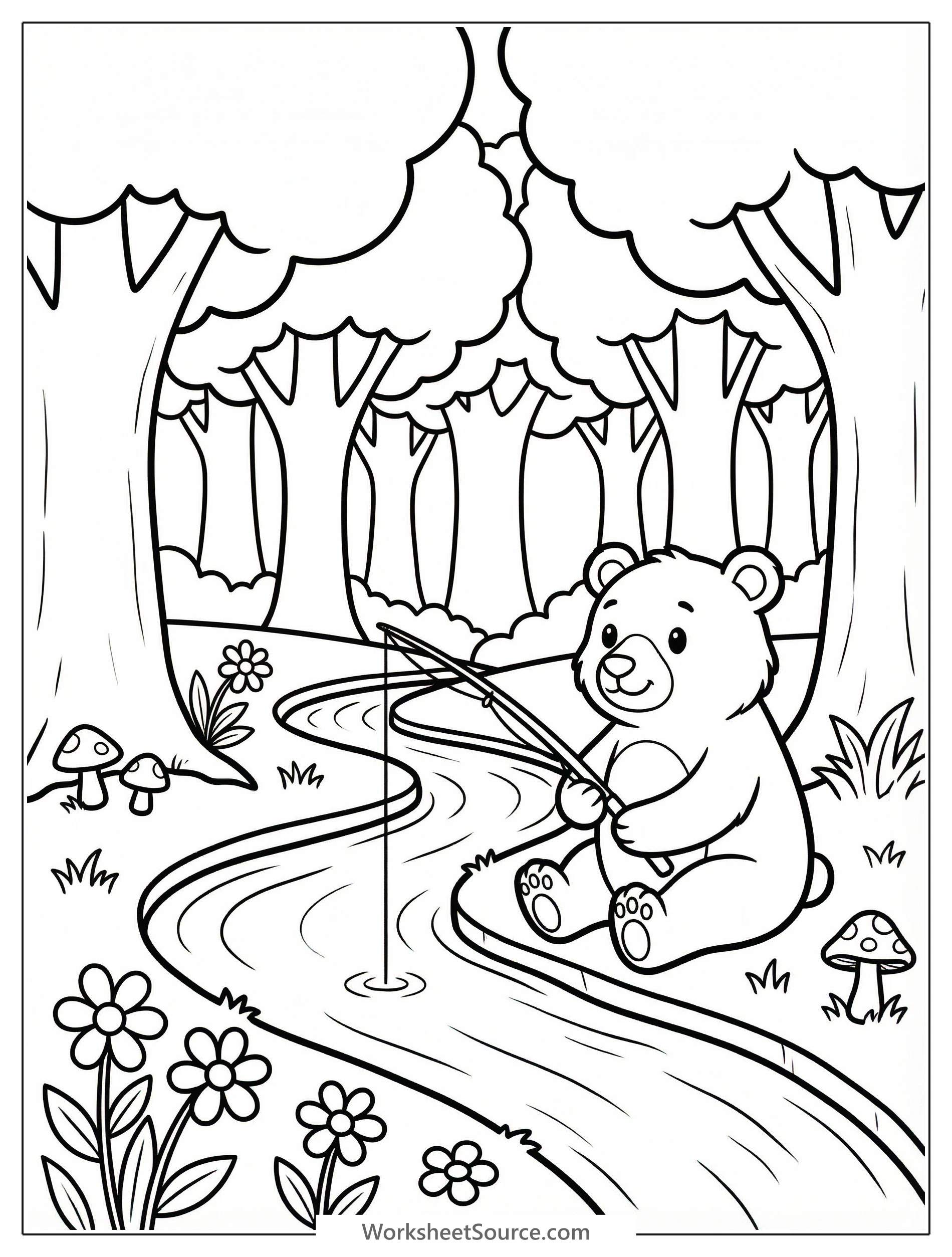 A detailed black and white coloring page showing a peaceful small stream winding through a dense forest with trees, rocks, and various foliage.