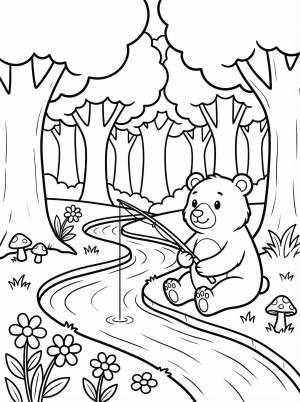 Free printable coloring page showing a bear fishing by a stream in a forest, perfect for kids to practice focus and creativity