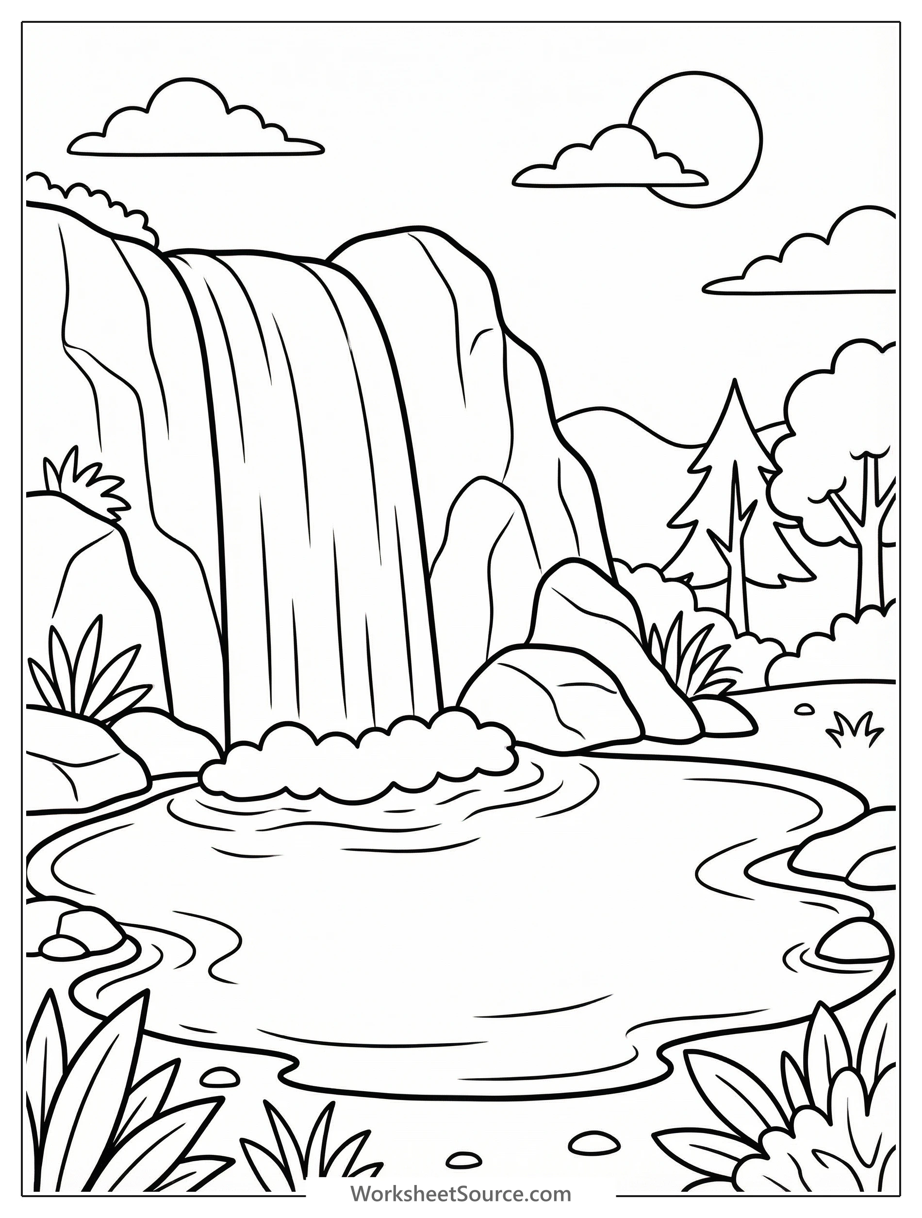An outlined drawing of a majestic tall waterfall cascading into a clear pool, surrounded by rocks and lush foliage, ready for coloring.