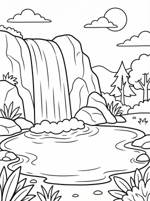 Free printable coloring page showing a tall waterfall with rocks and trees, perfect for kids to practice coloring and learn about nature