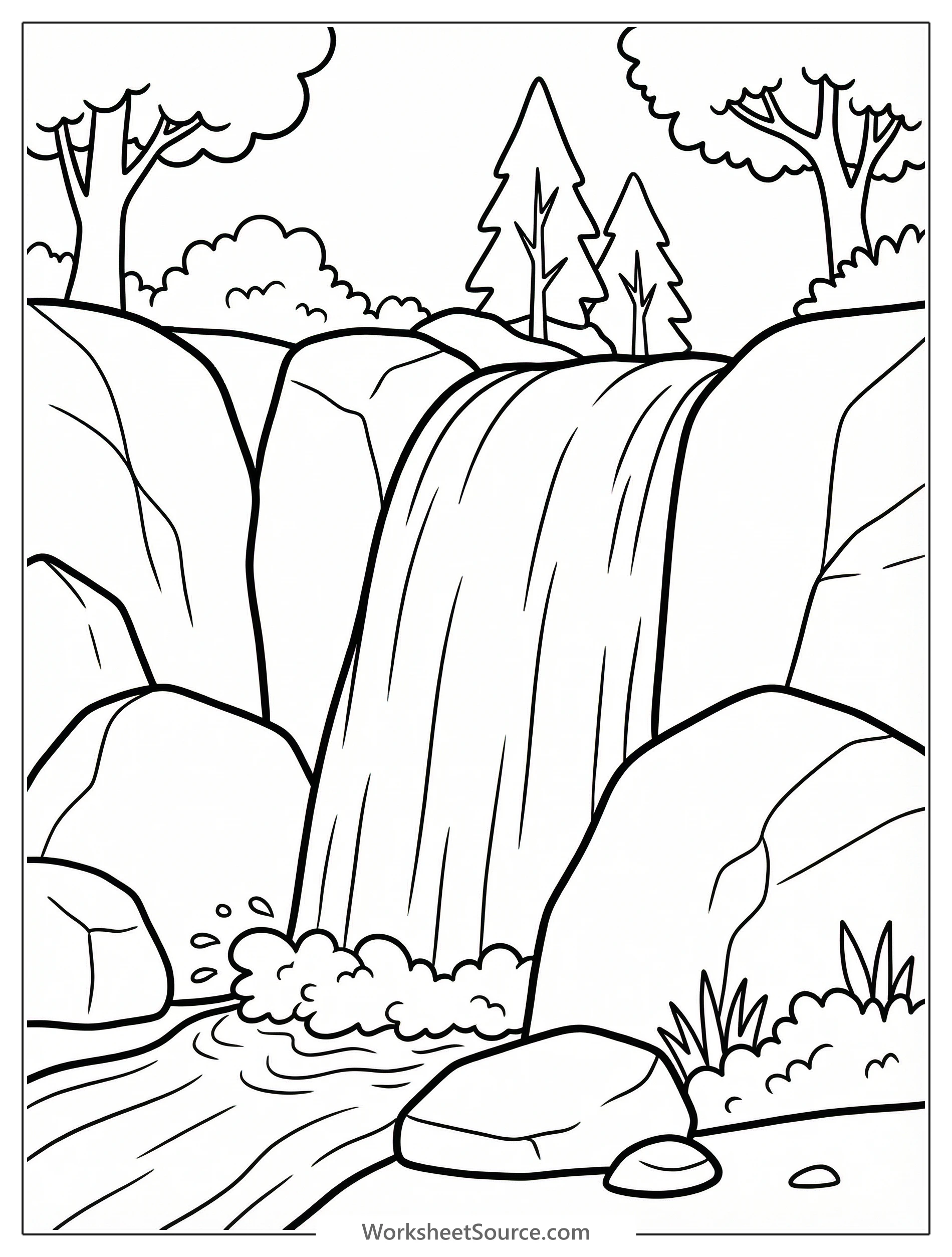 A beautifully illustrated coloring page featuring a powerful waterfall cascading over rugged rocks, surrounded by lush vegetation and a serene pool below.