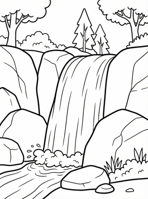 Free printable coloring page showing a waterfall cascade with rocks and trees, perfect for kids to practice coloring and learn about nature