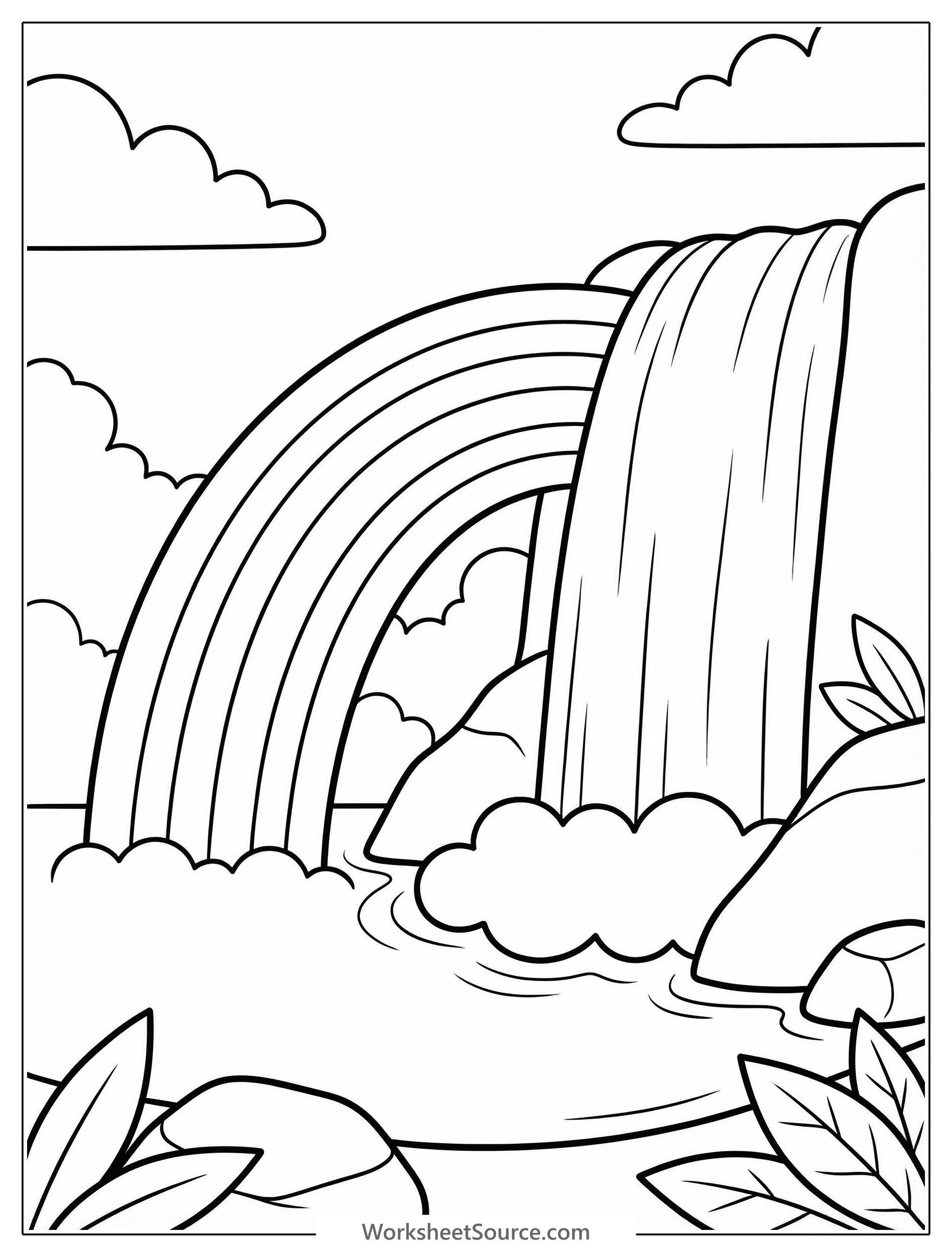 A majestic rainbow arches over a powerful waterfall, where sunlight refracts through the misty spray creating vibrant colors. Detailed nature scene for coloring.