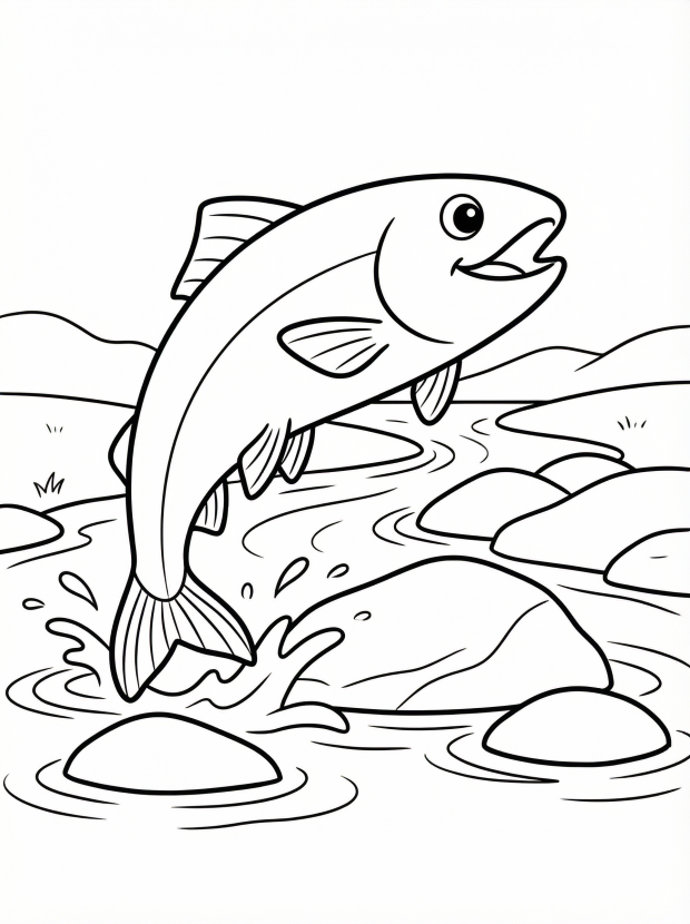 Free printable coloring page showing a fish jumping in a river with rocks and ripples, perfect for kids to practice creativity and focus