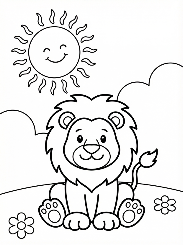 Free printable coloring page showing a smiling sun with rays above a happy scene, perfect for kids to practice coloring and imagination