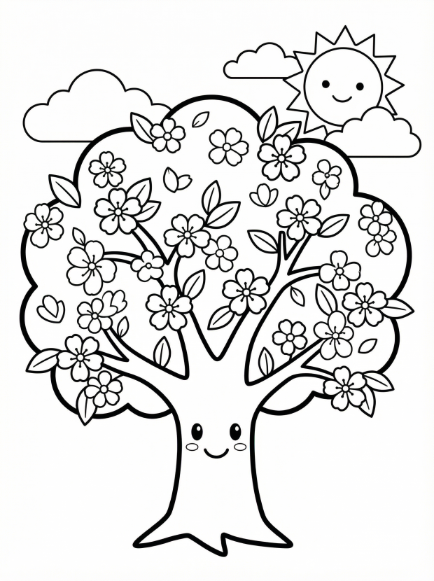 Free printable coloring page showing a cheerful cherry blossom tree with flowers and sun, perfect for kids to practice coloring and creativity