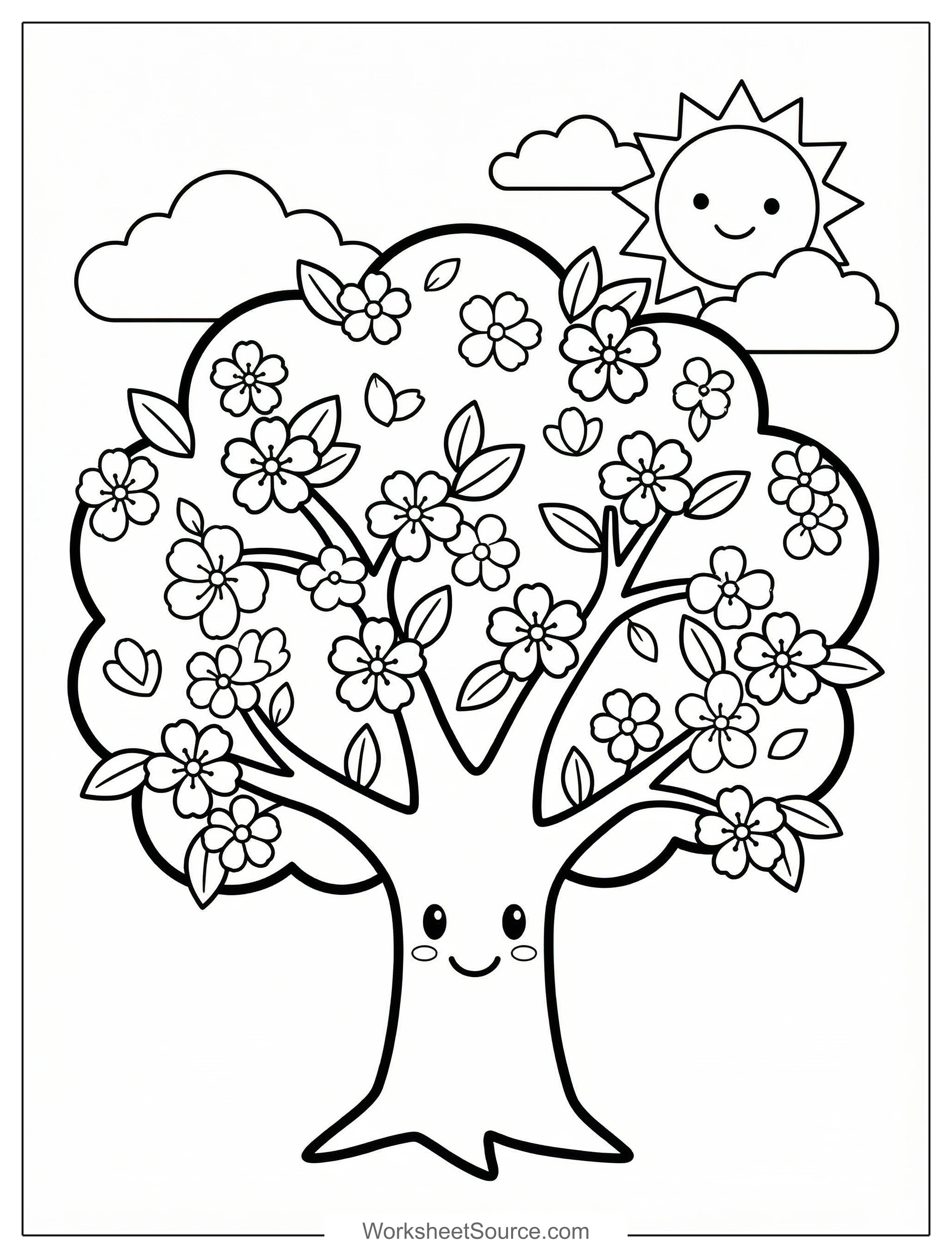 Free printable coloring page showing a cheerful cherry blossom tree with flowers and sun, perfect for kids to practice coloring and creativity