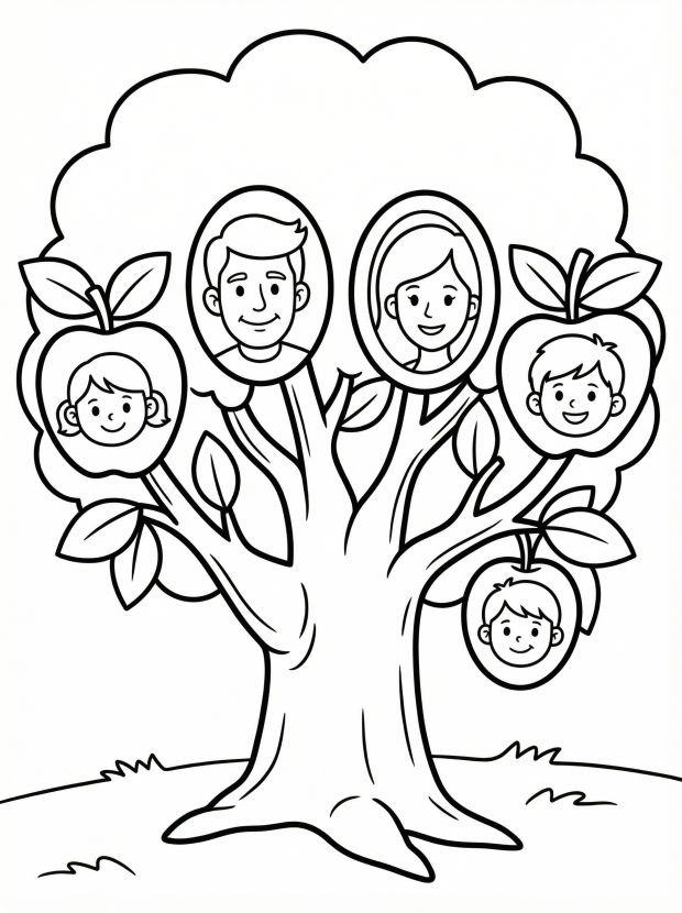 Free printable coloring page showing a family tree with portrait apples, perfect for kids to practice coloring and learn family roles