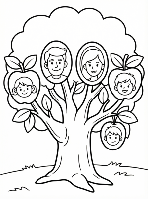 Free printable coloring page showing a family tree with portrait apples, perfect for kids to practice coloring and learn family roles
