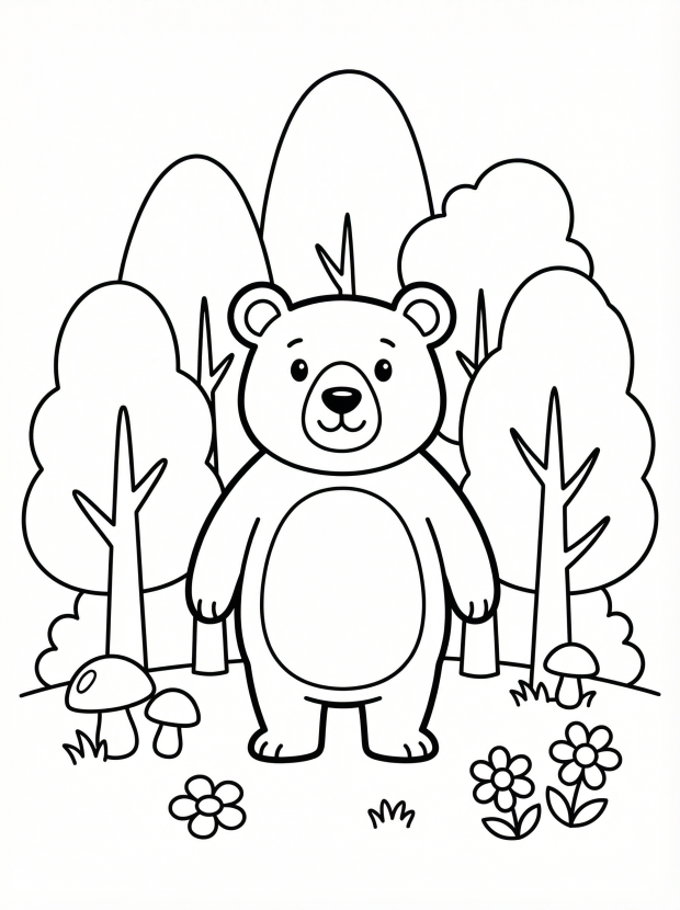 Free printable coloring page showing a bear in a forest with trees and flowers, perfect for kids to practice coloring and learn about nature