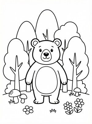 Free printable coloring page showing a bear in a forest with trees and flowers, perfect for kids to practice coloring and learn about nature
