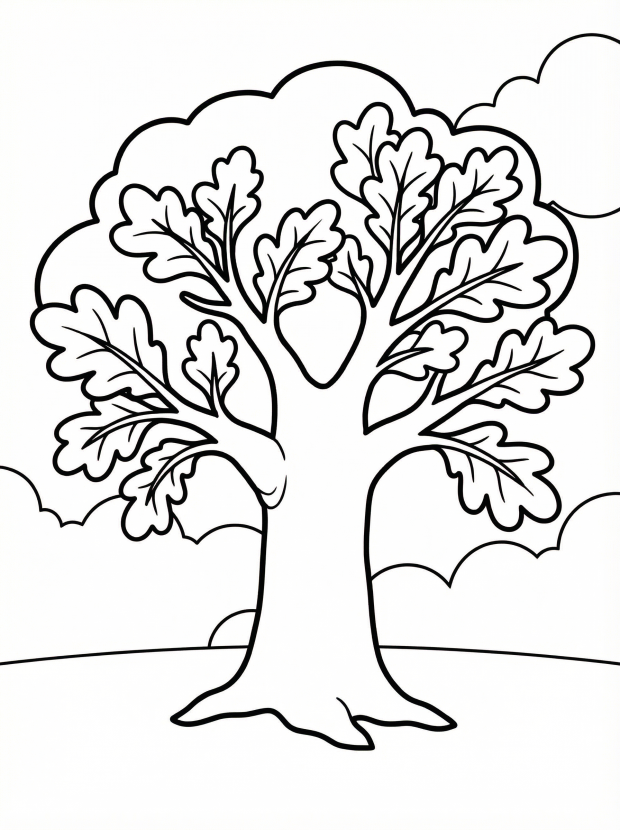 Free printable coloring page showing an oak tree with leaves and acorn, perfect for kids to practice coloring and learn about trees