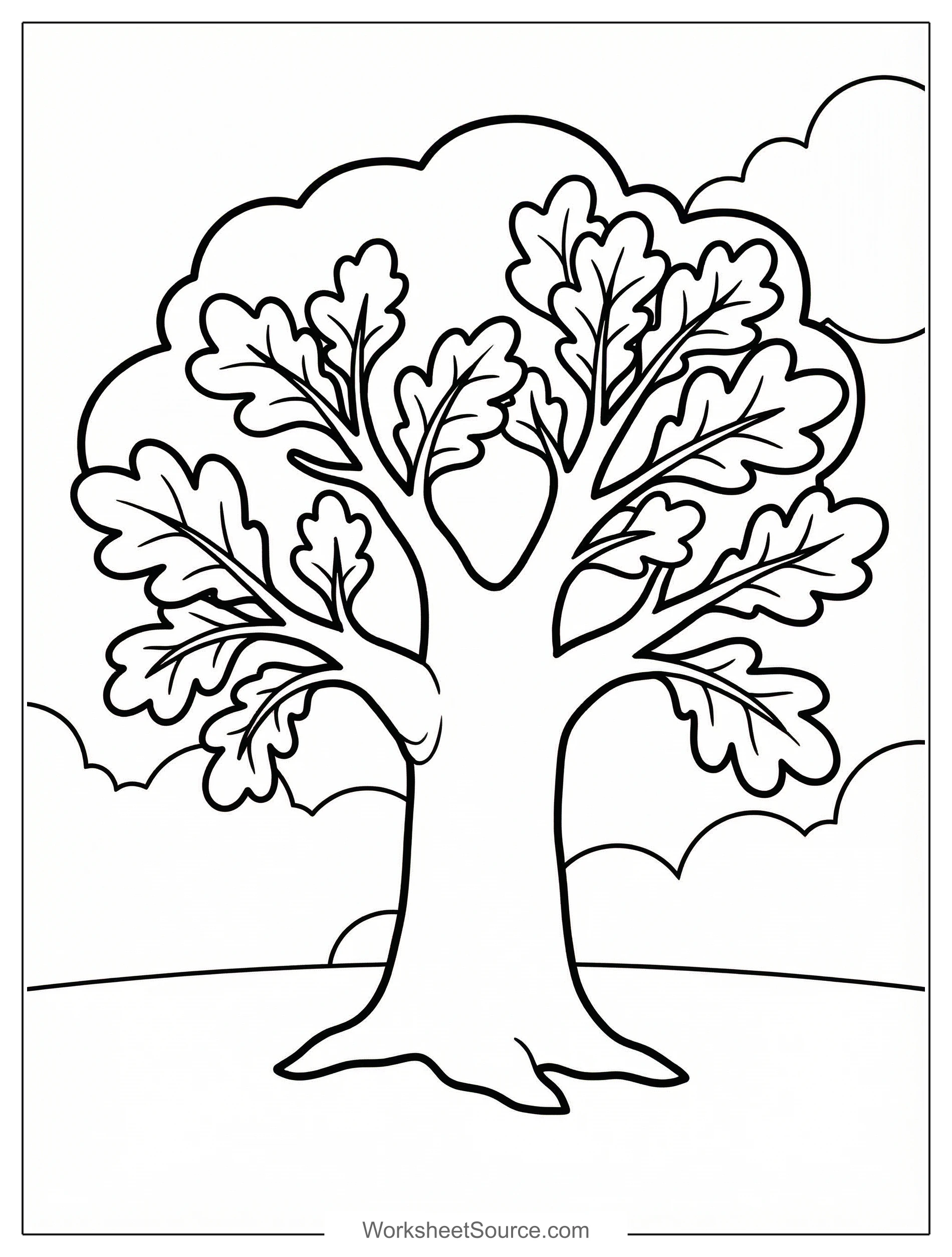 Free printable coloring page showing an oak tree with leaves and acorn, perfect for kids to practice coloring and learn about trees