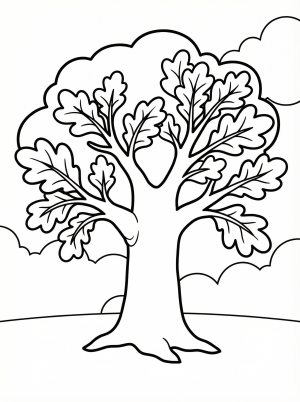 Free printable coloring page showing an oak tree with leaves and acorn, perfect for kids to practice coloring and learn about trees