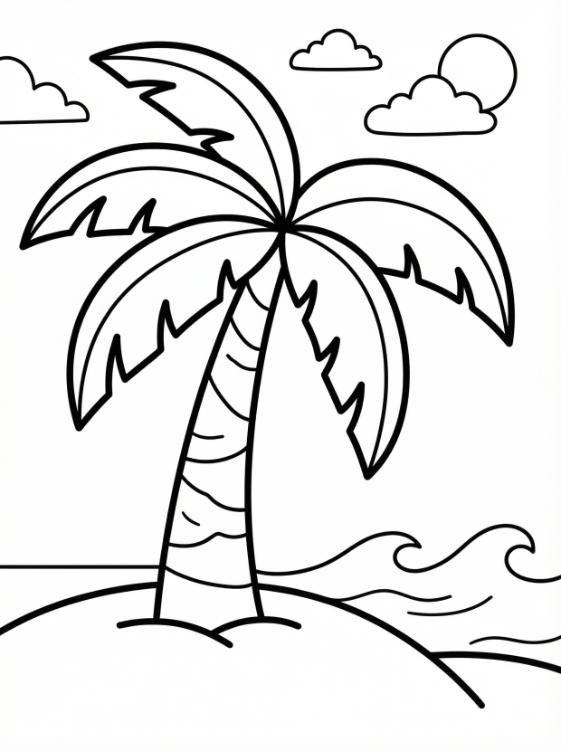 Free printable coloring page showing a simple palm tree on a beach with waves and clouds, perfect for kids to practice coloring and creativity