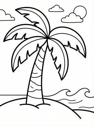 Free printable coloring page showing a simple palm tree on a beach with waves and clouds, perfect for kids to practice coloring and creativity