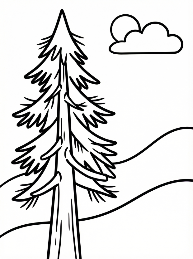 Free printable coloring page showing a tall pine tree with hills and a cloud, perfect for kids to practice coloring and creativity