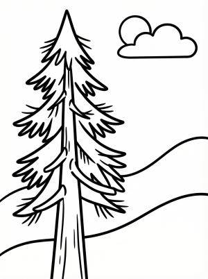 Free printable coloring page showing a tall pine tree with hills and a cloud, perfect for kids to practice coloring and creativity