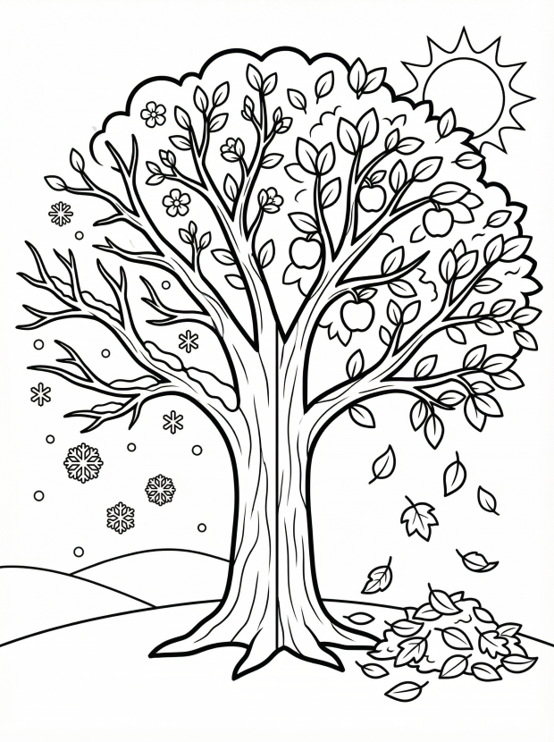 Free printable coloring page showing a tree with four seasons, perfect for kids to learn seasons and practice fine motor skills