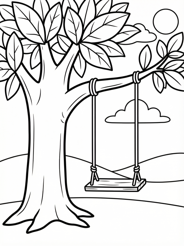 Free printable coloring page showing a tree with a wooden swing hanging from a branch, perfect for kids to practice coloring and creativity