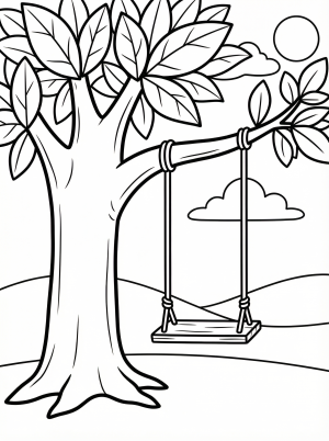 Free printable coloring page showing a tree with a wooden swing hanging from a branch, perfect for kids to practice coloring and creativity