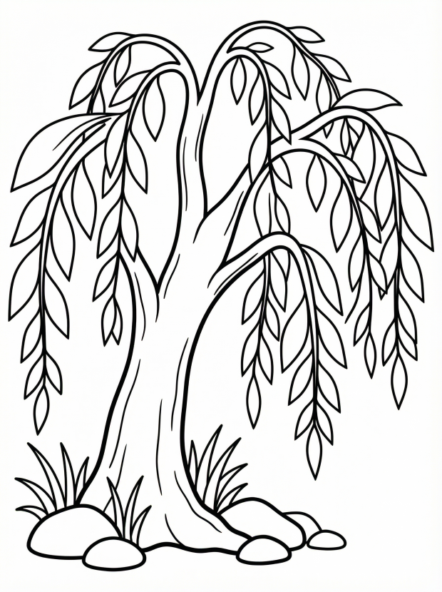 Free printable coloring page showing a willow tree with drooping leaves and rocks, perfect for kids to practice coloring and learn about trees