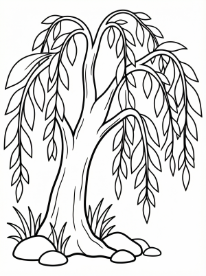 Free printable coloring page showing a willow tree with drooping leaves and rocks, perfect for kids to practice coloring and learn about trees