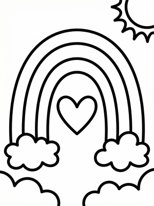 Clear black and white line art of a rainbow arching over a large heart shape, professionally designed for coloring activities.