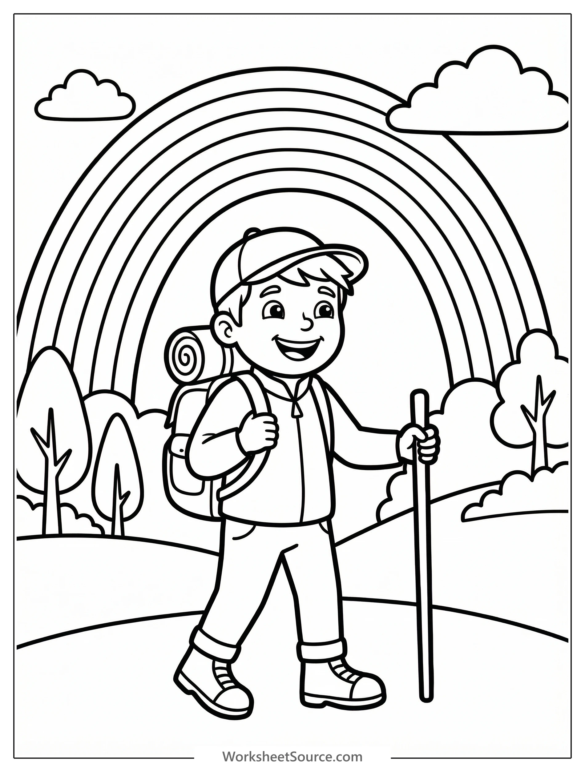 Black and white line art coloring page showing a vibrant rainbow arching over a small mountain with a joyful hiker admiring the view.