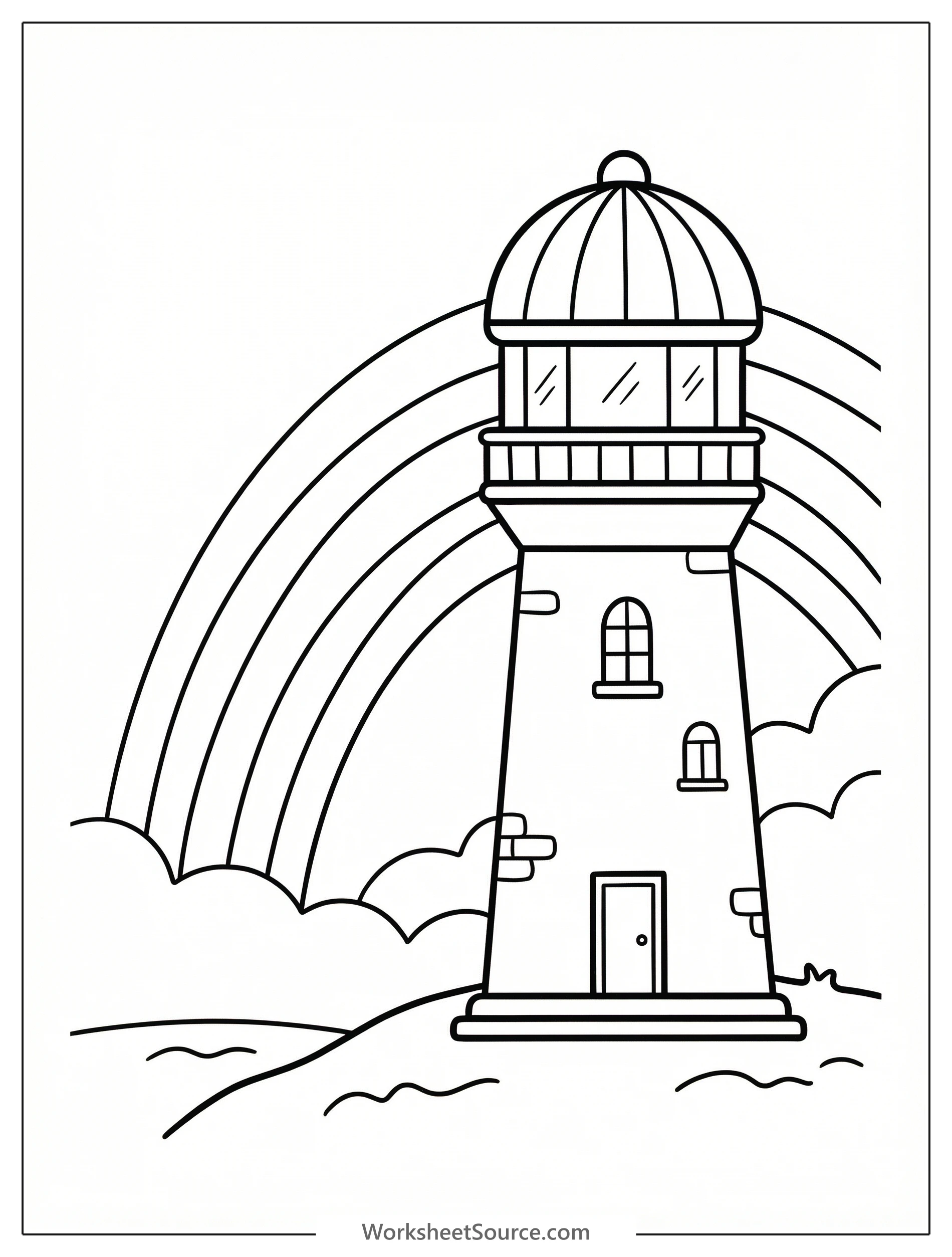 Clear black and white line art coloring page featuring a graceful rainbow arching over a sturdy lighthouse with waves and distant birds.
