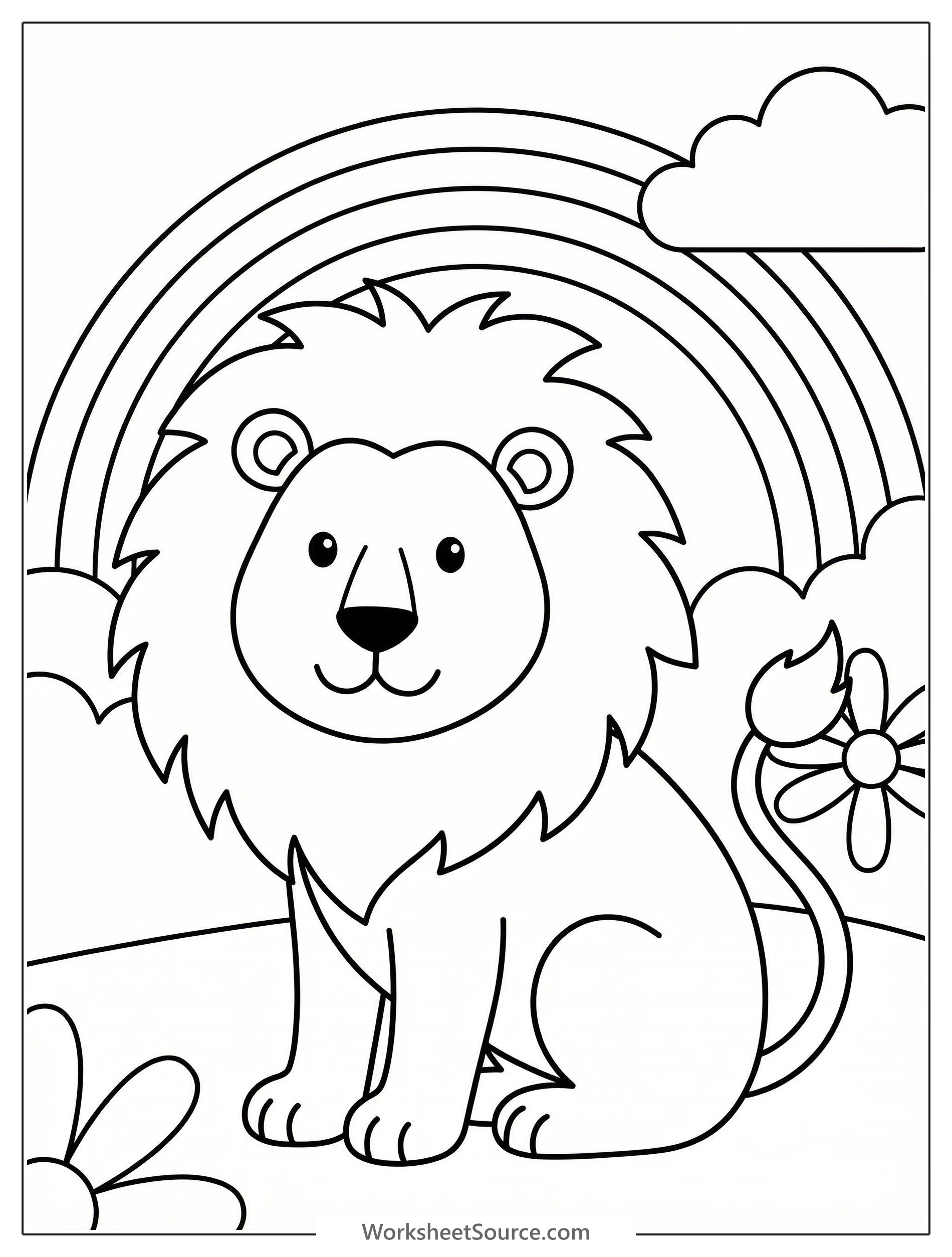 Clear black and white line art coloring page depicting a majestic lion looking left, with a grand arching rainbow above its head, ready for vibrant colors.