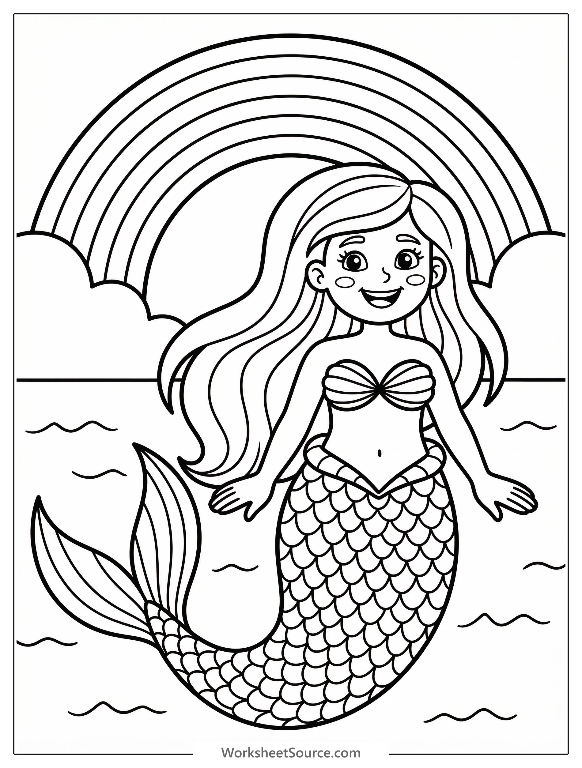 Clear black and white line art coloring page featuring a graceful mermaid with flowing hair and tail, surrounded by a vibrant, arching rainbow.