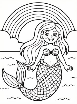 Clear black and white line art coloring page featuring a graceful mermaid with flowing hair and tail, surrounded by a vibrant, arching rainbow.