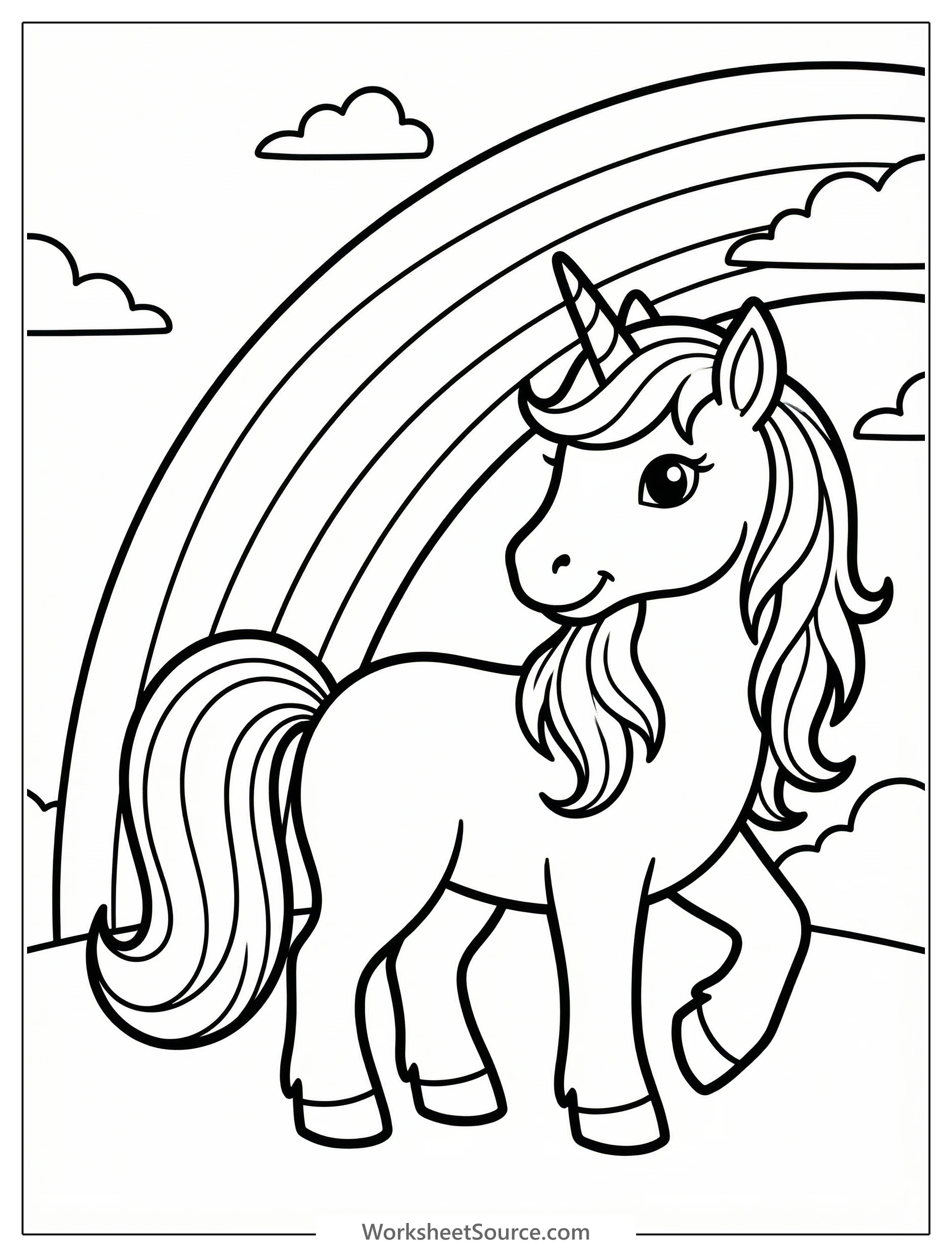 Clear black and white line art coloring page featuring a whimsical unicorn standing amidst a vibrant rainbow arc, designed for children's creative play.