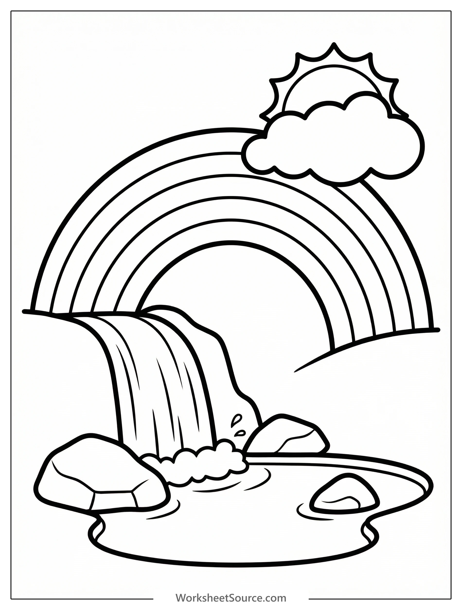 Clear black and white line art coloring page depicting a majestic rainbow arching over a cascading waterfall within a serene natural landscape.