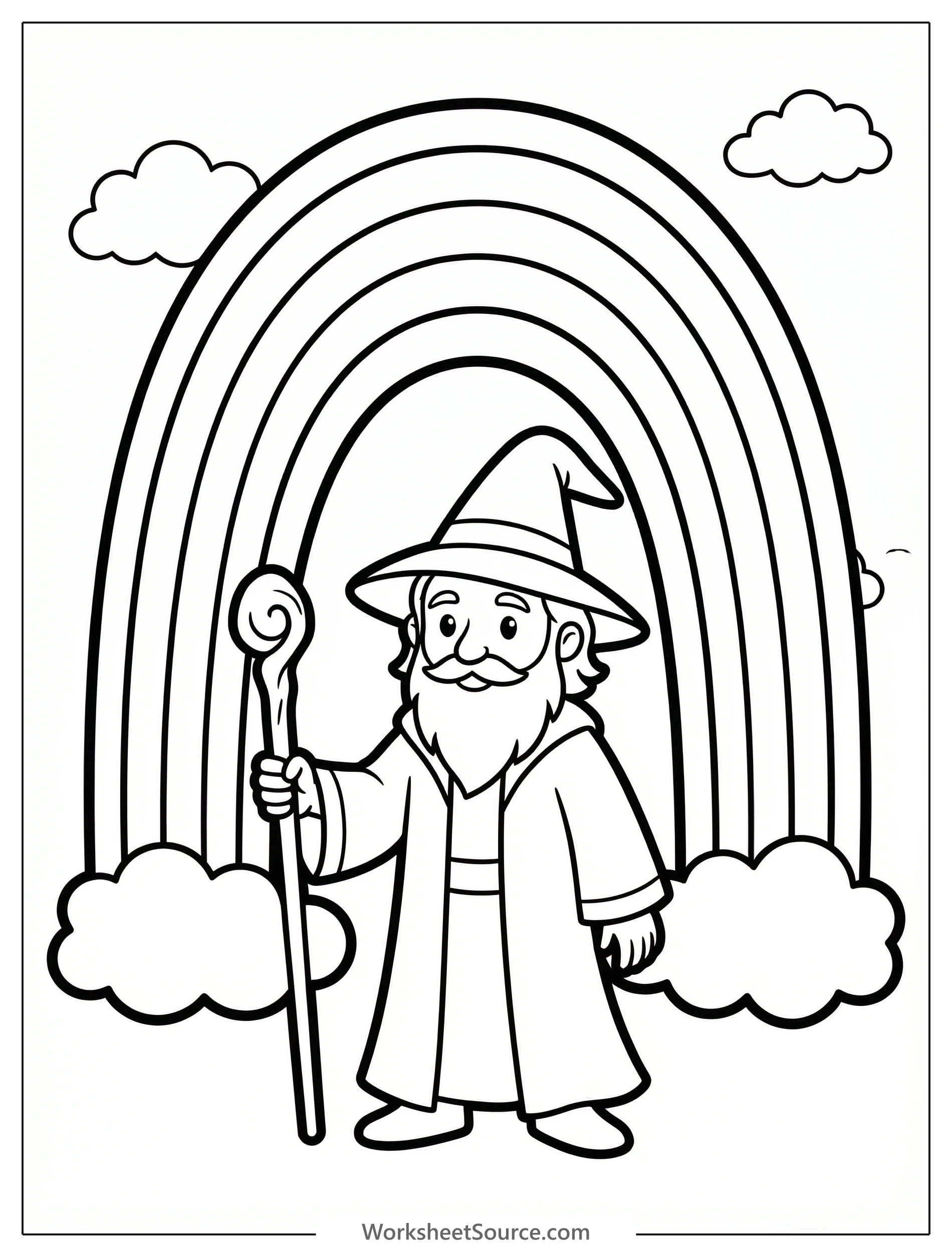 Clear black and white line art coloring page depicting a cheerful wizard standing under a beautiful rainbow. Professional design for creative activities.