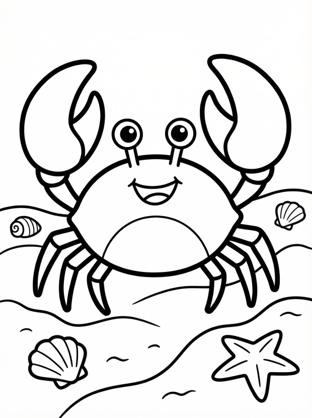 Free printable coloring page showing a smiling crab on a sandy beach with shells and a starfish, perfect for kids to practice fine motor skills and creativity
